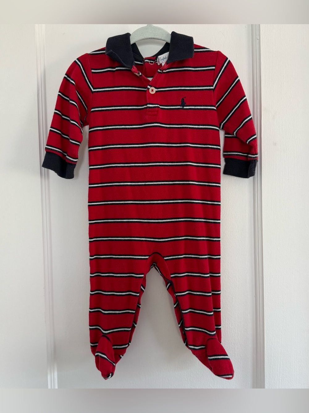 Ralph Lauren Footed One-Piece Collared Red & Navy Striped Sz 6-9m